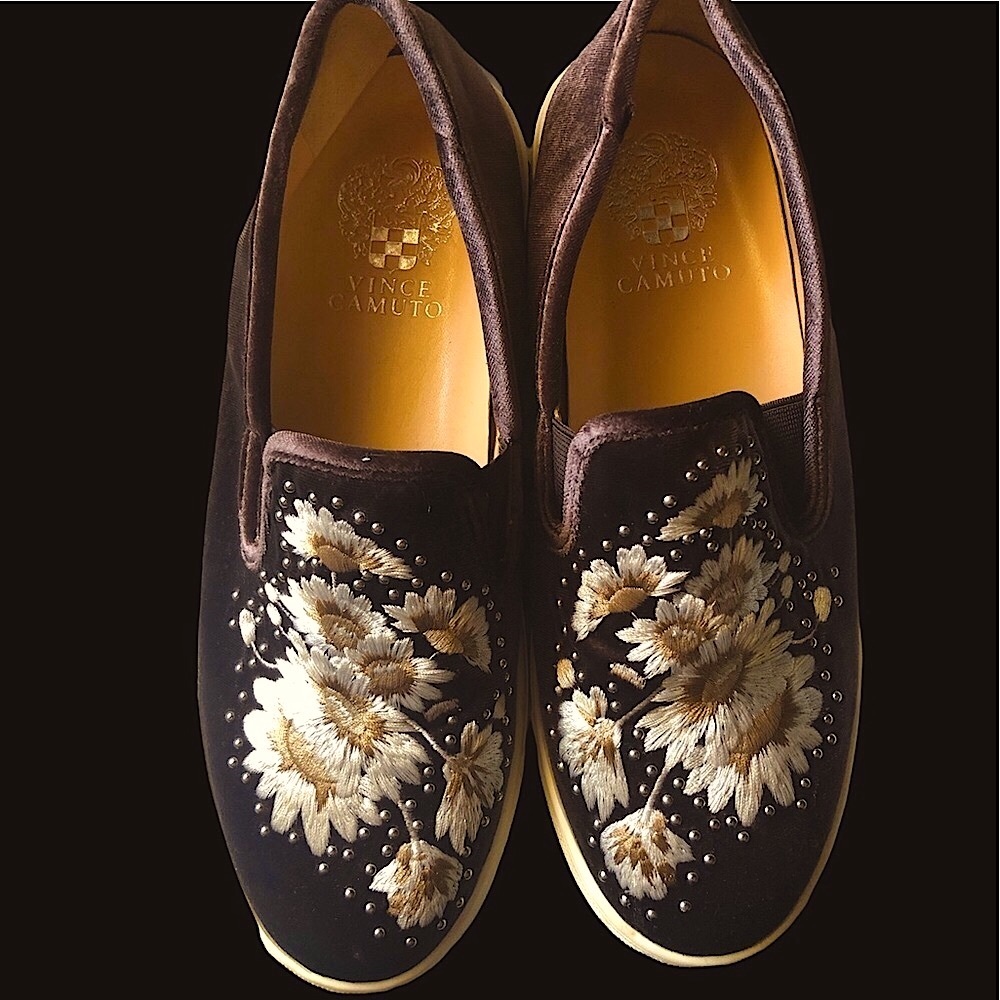 Vince Camuto loafers. Brown velour with floral embroidery. Size 7.5 Womens